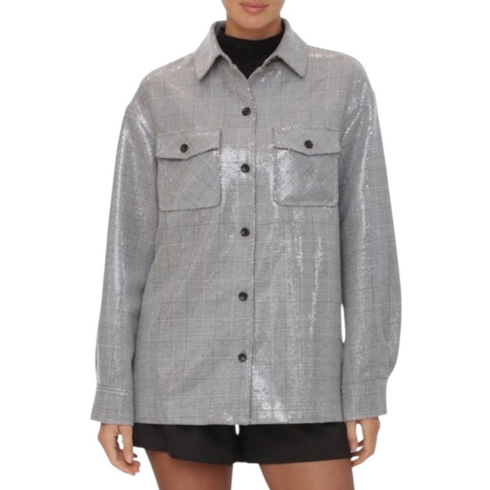 Bagatelle Collection Gray Plaid Sequin Button Shacket Jacket NWT Women’s Medium